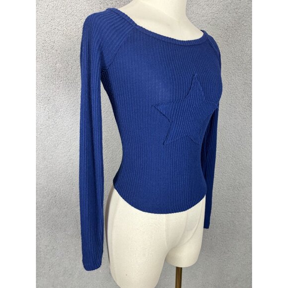 Just Polly Juniors' Cozy Star Patch  Knit Ribbed Blue  Long Sleeve Top Small NWT - Picture 3 of 8
